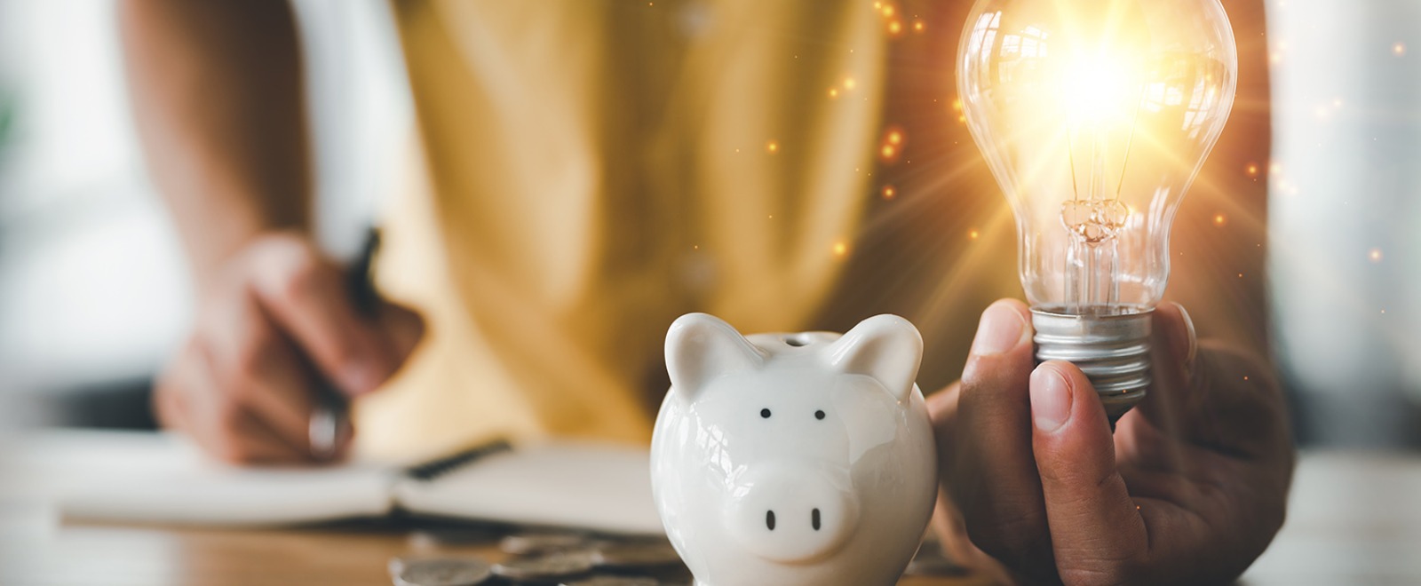 a person holding a light build with a white piggy bank next to them.